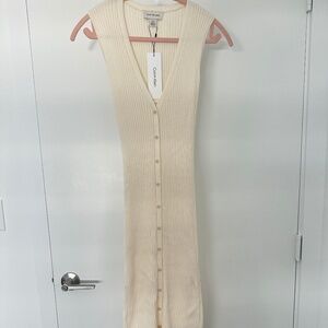 Calvin Klein Smooth Cotton Rib Sweater Midi Dress in colour Antique White